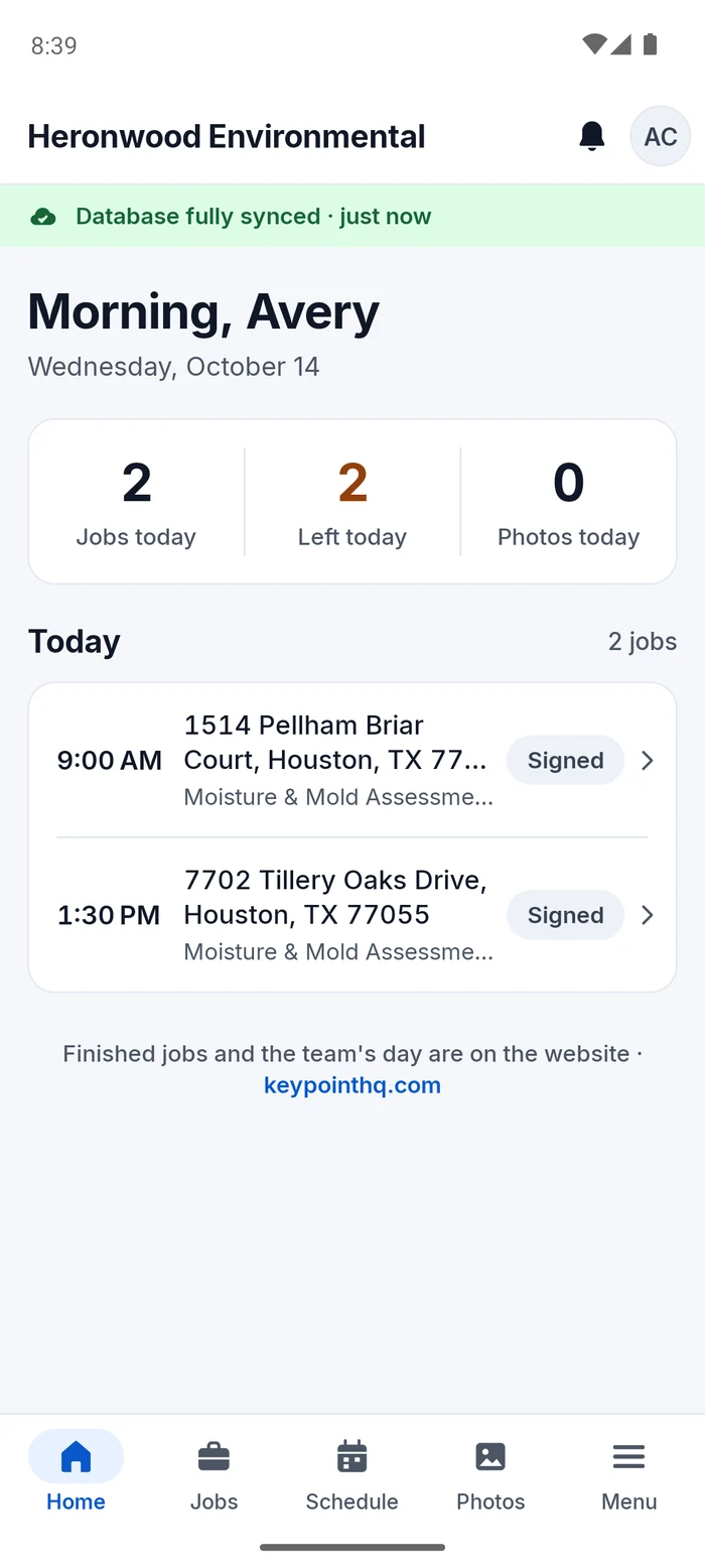The phone app’s home screen: “Morning, Avery”, two jobs today, the day’s jobs with their times and addresses, and the database fully synced.