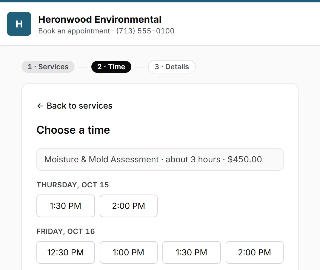 The business’s public booking page, step 2 “Choose a time”: open times for a Moisture & Mold Assessment on Thursday and Friday.