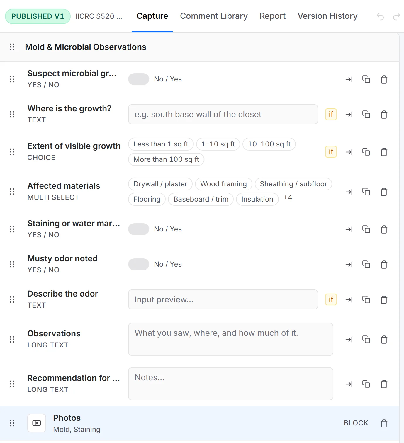 The template builder, Capture tab: the Mold & Microbial Observations Section with Yes/No, choice and multi-select questions, conditional questions marked “if”, and a Photos block labeled Mold and Staining.