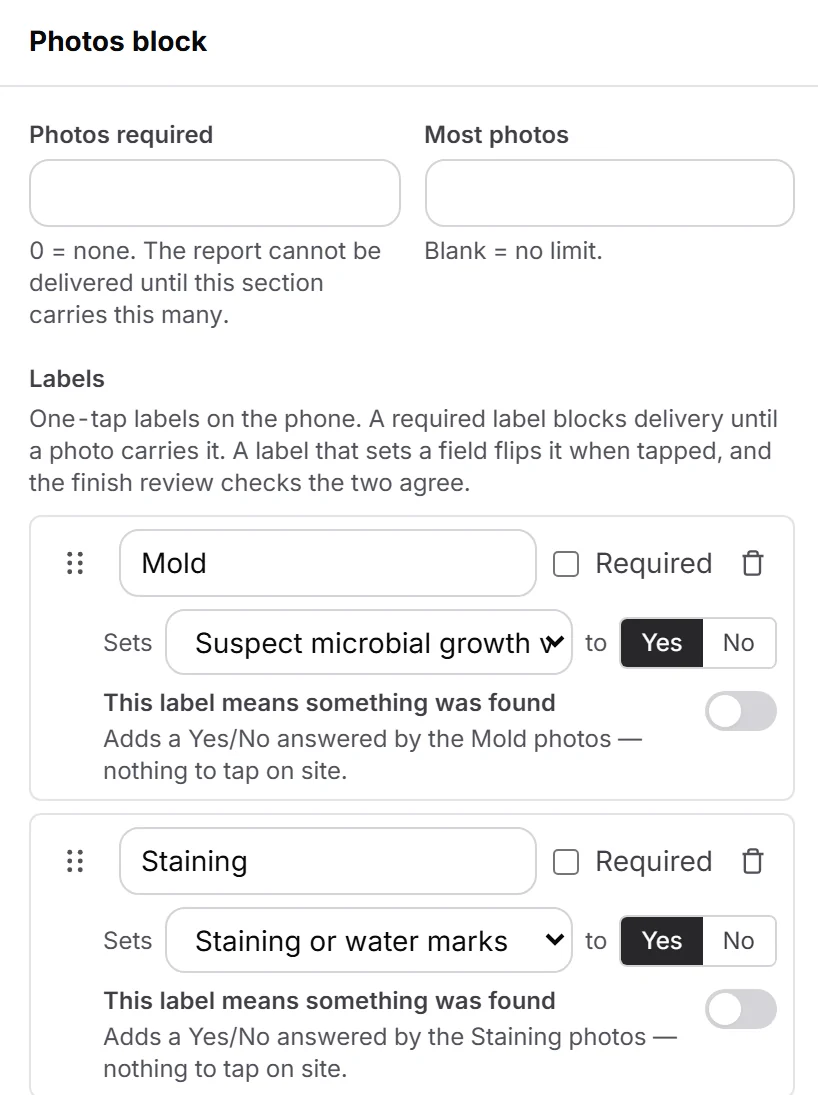 The Photos block’s settings: the photo labels Mold and Staining, each set to answer a Yes/No question when a photo carries it.