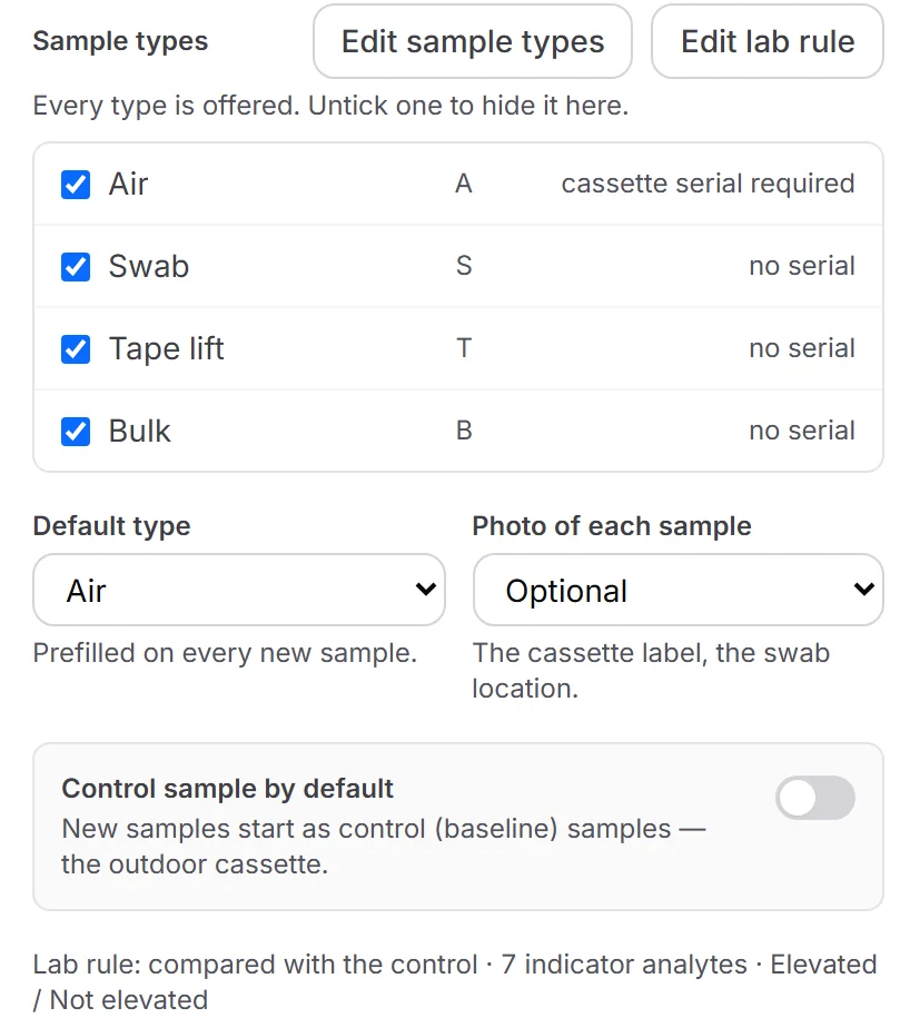 The Samples block’s sample types: Air (A) with a cassette serial required, Swab (S), Tape lift (T) and Bulk (B), the default type, and the template’s lab rule.