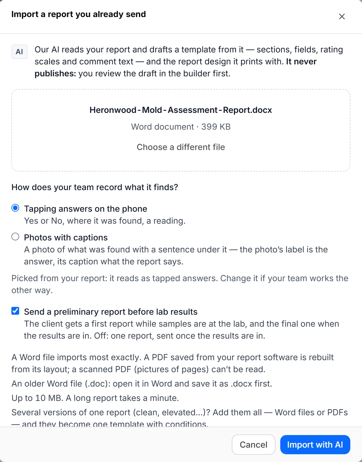 Importing a Word report: the .docx is chosen, with a question about how the team records what it finds and an option to send a preliminary report before lab results.
