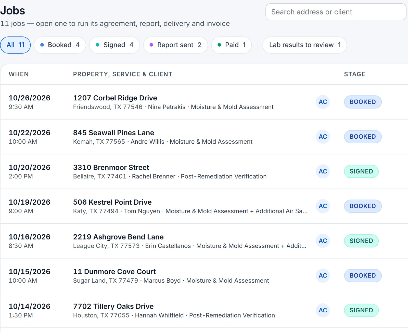 The Jobs list: every job with its date, property, service, client and stage, filtered by stage.