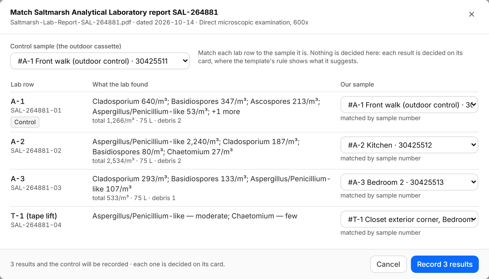 Matching a lab report: each row the AI read from the lab’s PDF is matched to the job’s sample by number, with the outdoor control picked out.