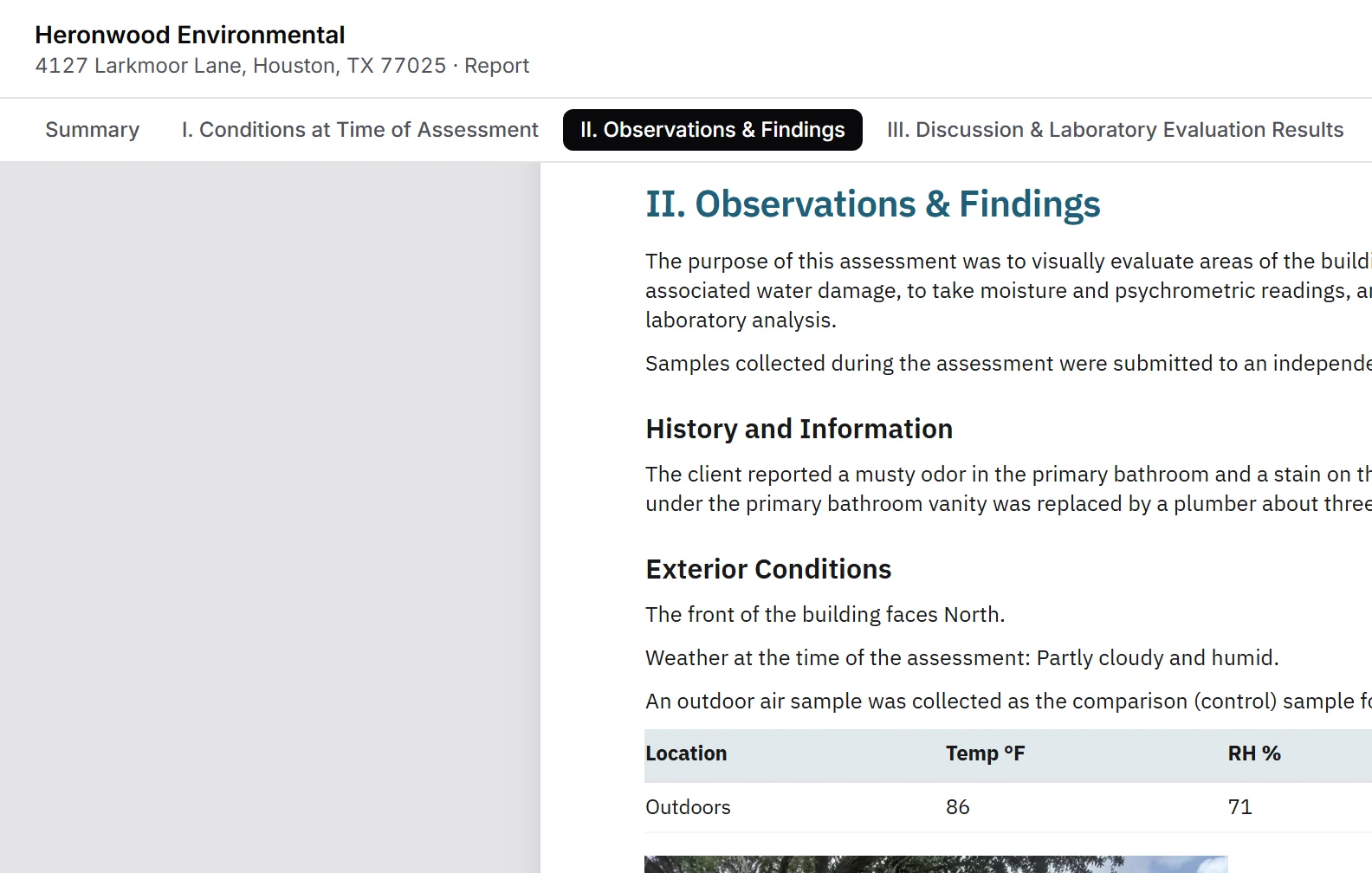 The client portal: the report’s section tabs and the Observations & Findings page, with the history, the exterior conditions and the readings table.