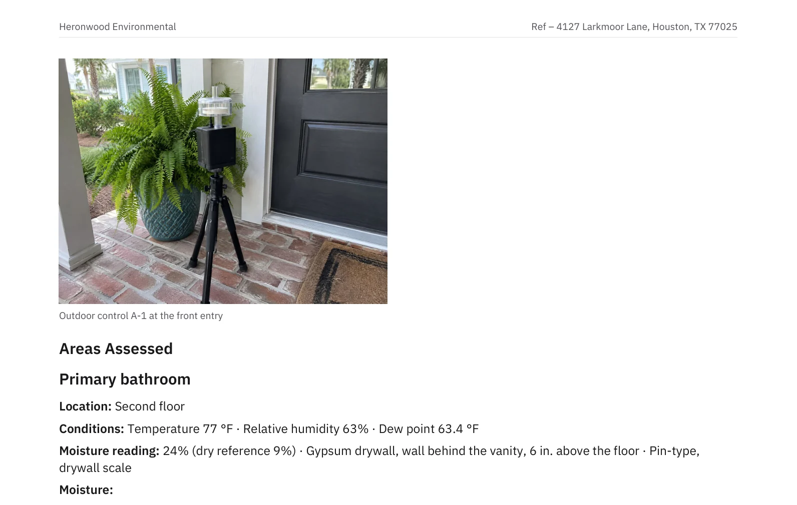 A page of the delivered PDF: the outdoor control sample’s photo with its caption, then Areas Assessed, Primary bathroom, with conditions and readings.